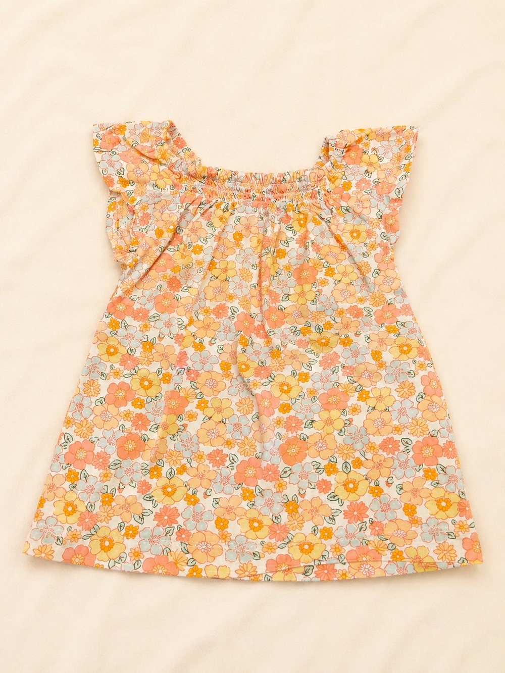 Girls' Floral Flutter-Sleeve Dress - Peach & Yellow